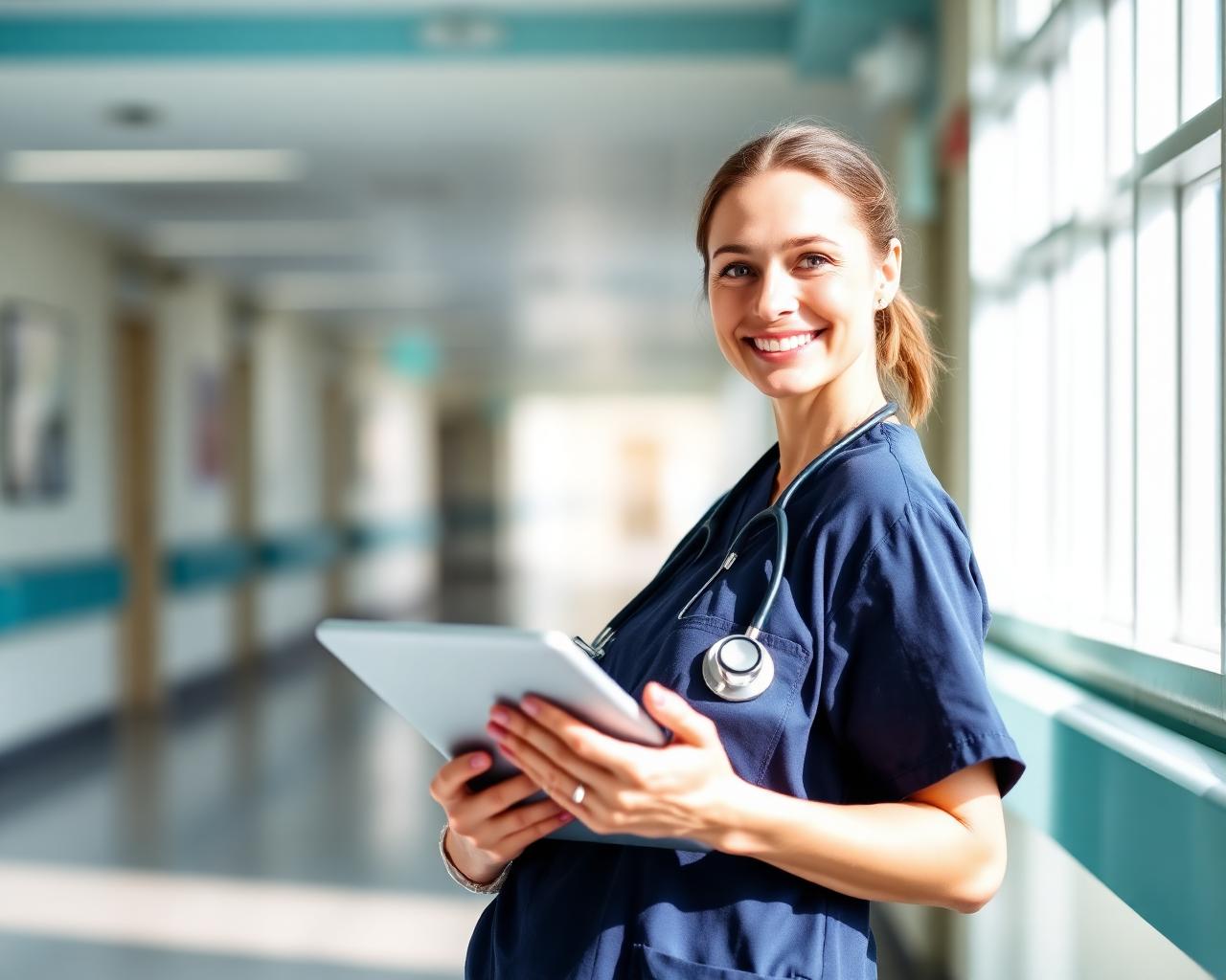 Nurse in navy scrubs reviewing continuing education on a tablet in a bright hospital corridor